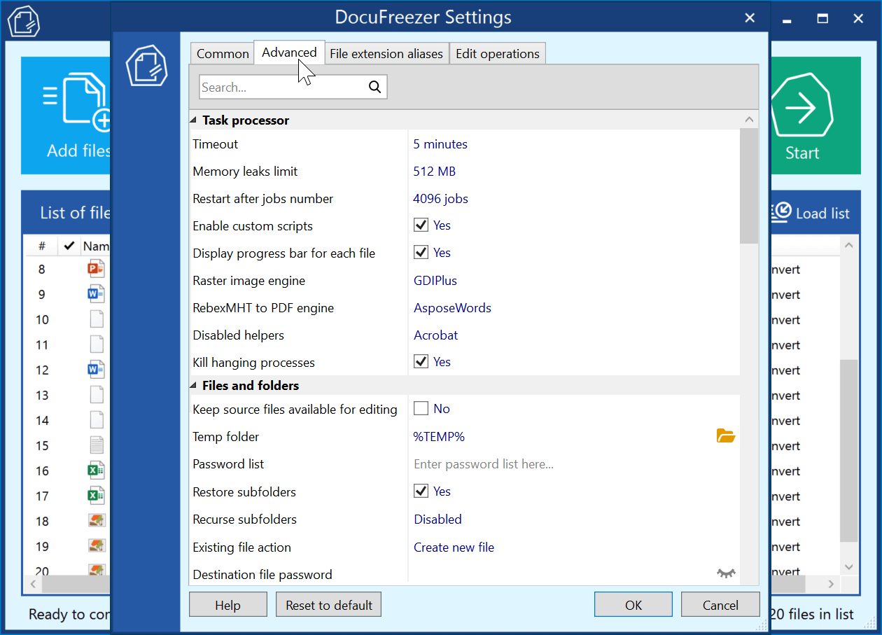 Advanced settings - DocuFreezer