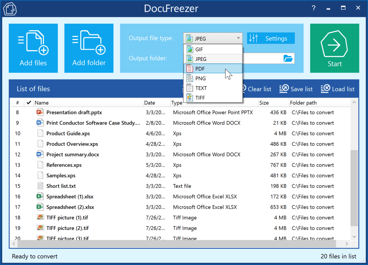 Select output format - DocuFreezer