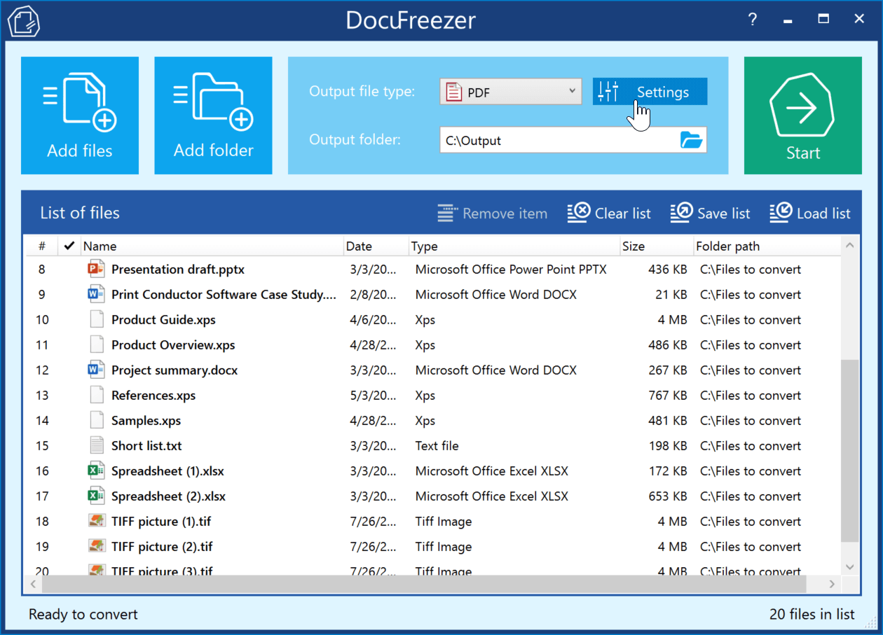 Settings - DocuFreezer