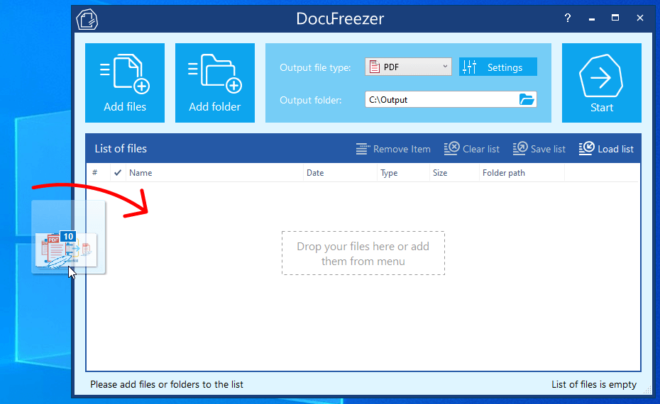 Adding files to DocuFreezer using drag-and-drop Adding files to DocuFreezer using drag-and-drop