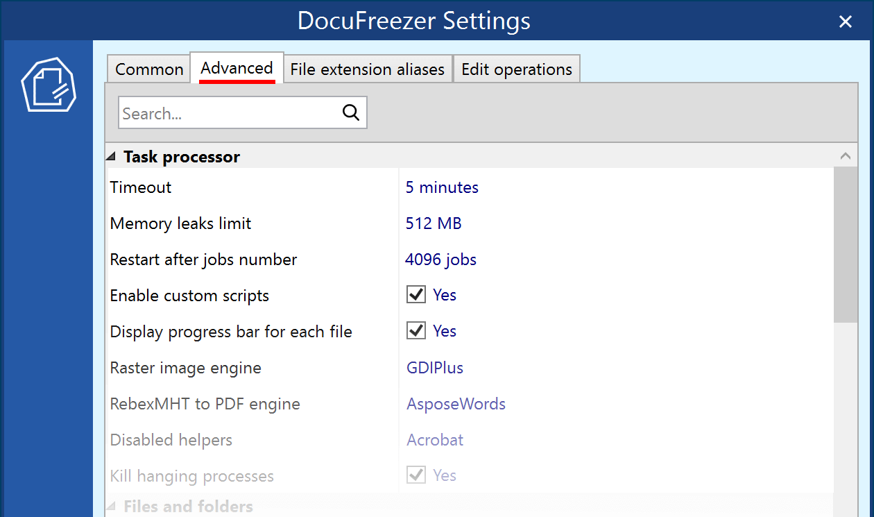 Advanced settings in DocuFreezer Advanced settings in DocuFreezer