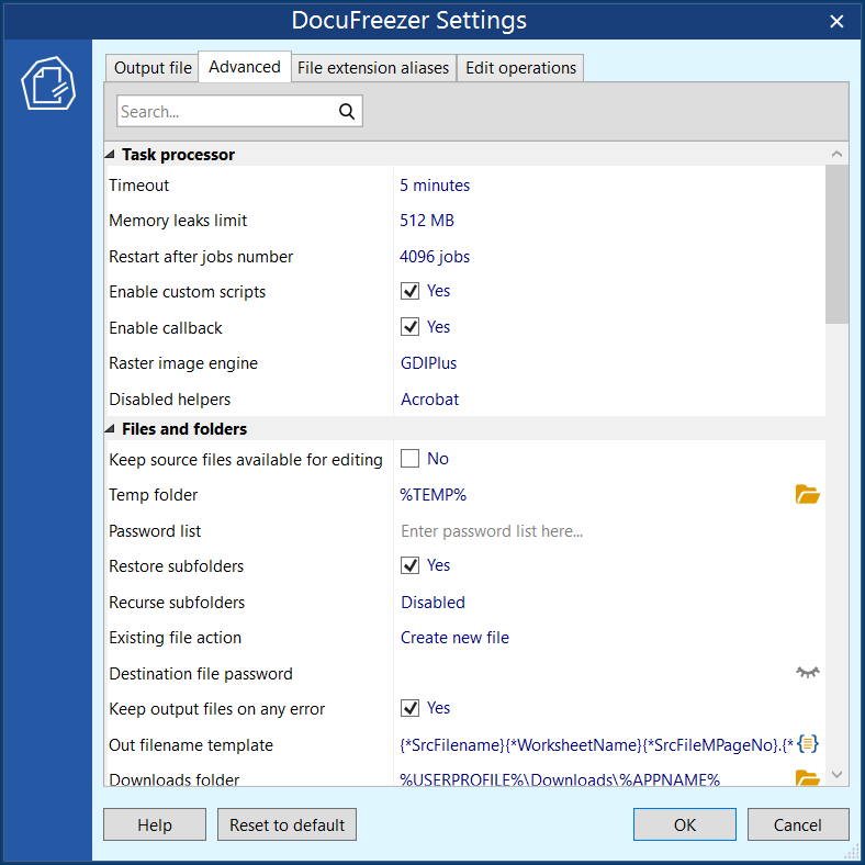 Advanced settings in DocuFreezer