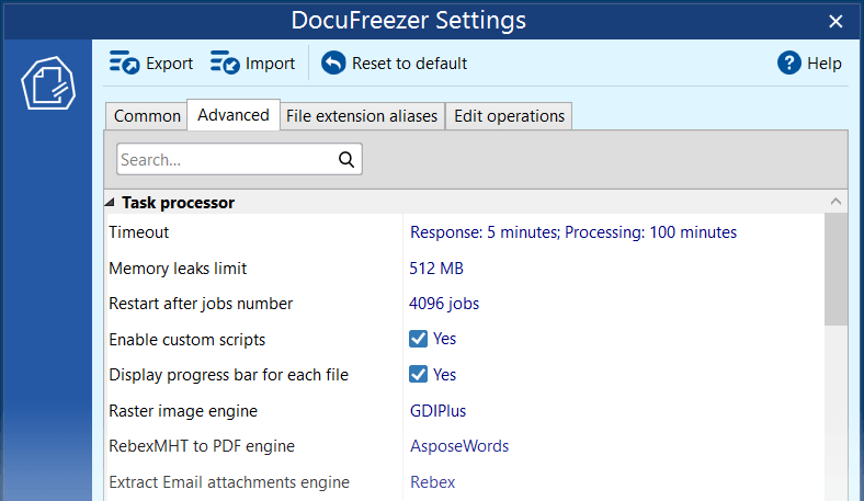 Advanced settings in DocuFreezer