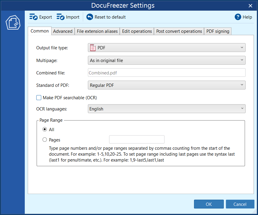 Common settings in DocuFreezer Common settings in DocuFreezer