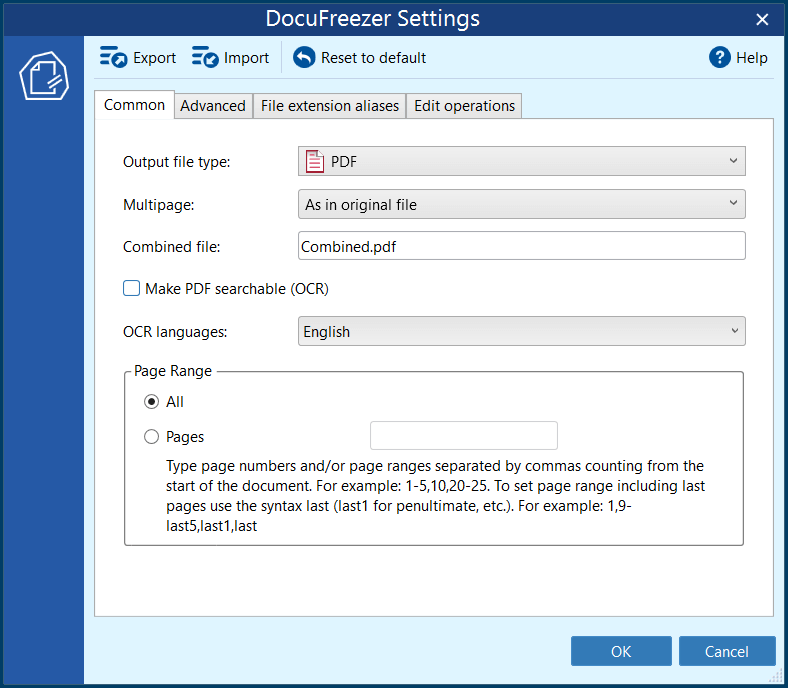 Common settings in DocuFreezer