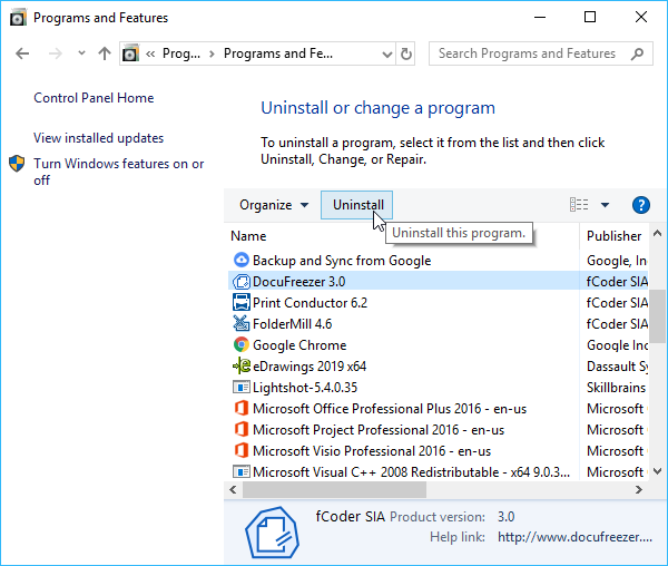 Select DocuFreezer and click uninstall this program