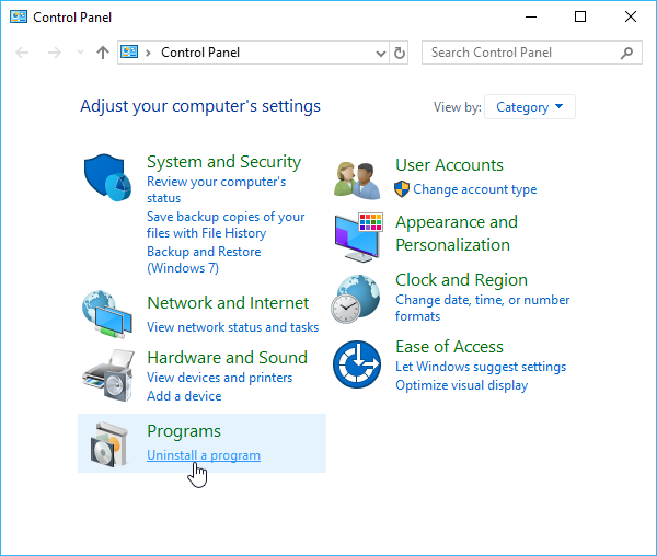 Open Control Panel and click Uninstall a program