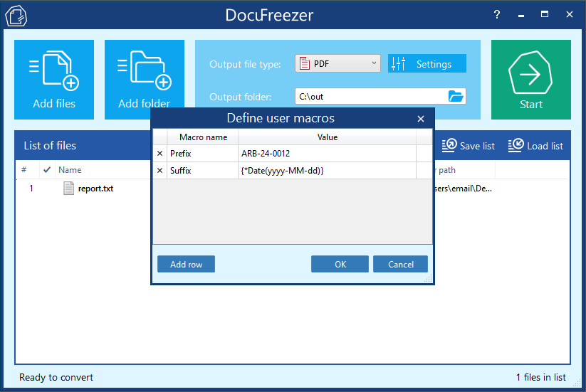 Defining customized user macros for the output file names in DocuFreezer