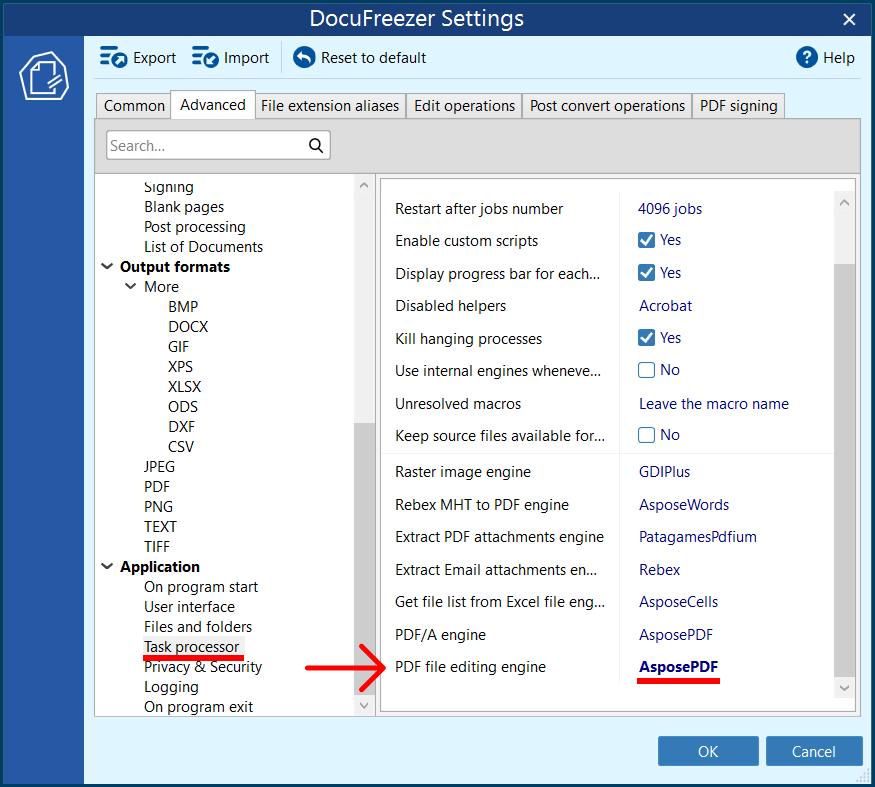 Select AsposePDF as the PDF file editing engine in DocuFreezer Select AsposePDF as the PDF file editing engine in DocuFreezer