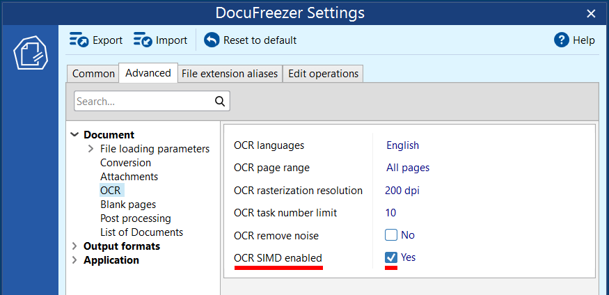 OCR Settings in DocuFreezer