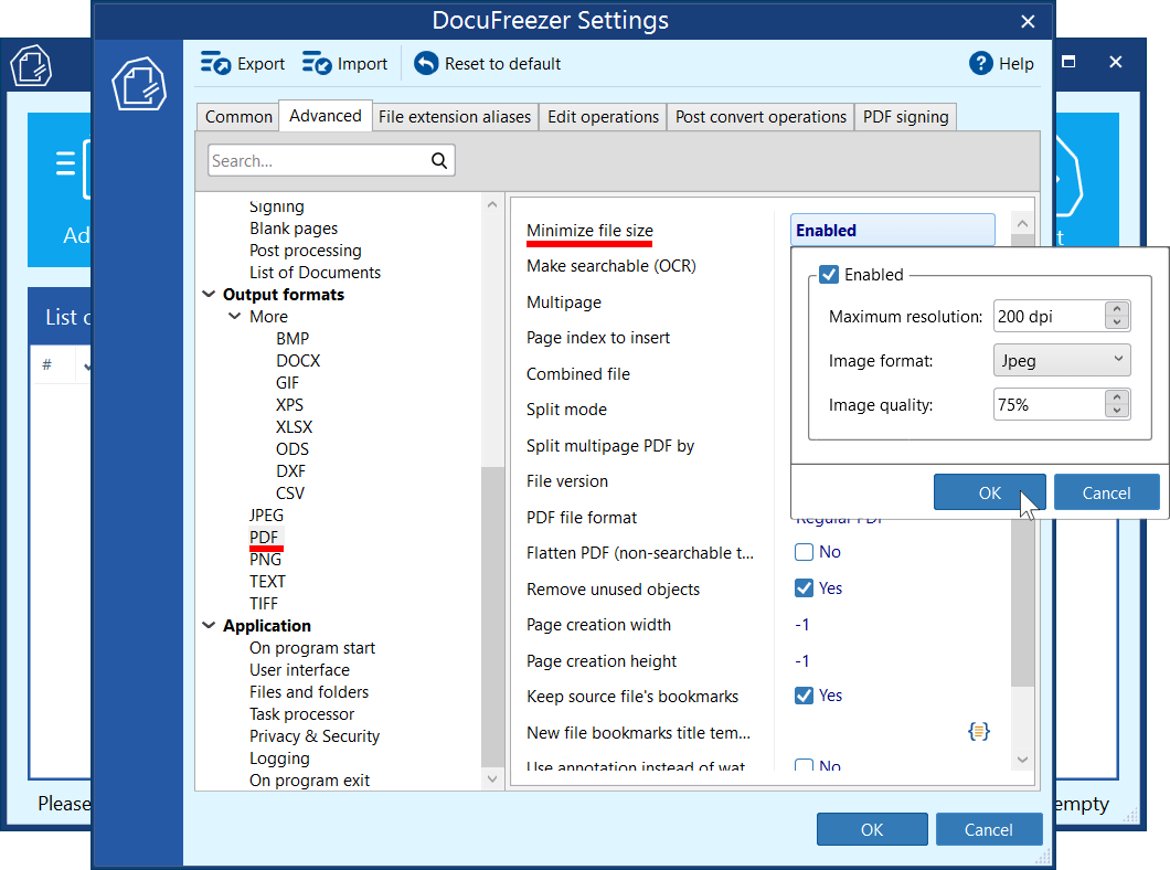 Enable PDF file size optimization and configure image compression in DocuFreezer Enable PDF file size optimization and configure image compression in DocuFreezer
