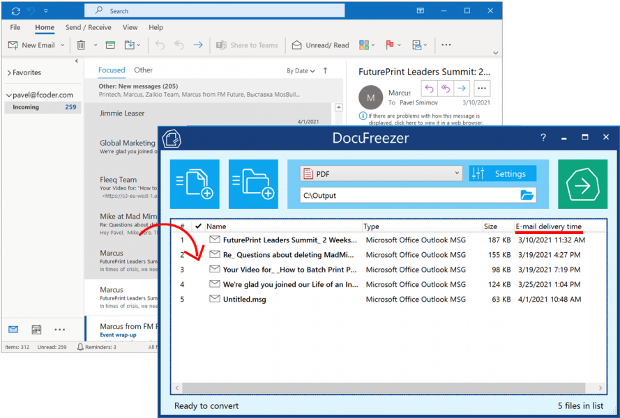 Outlook メールを PDF または TIFF にバッチ変換する