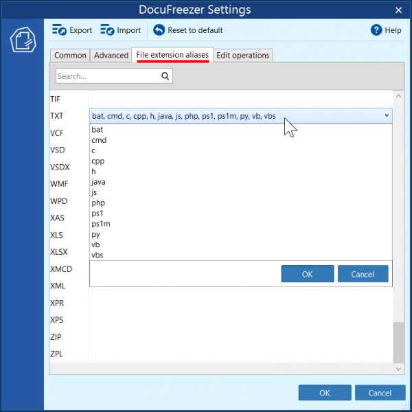 DocuFreezer File Extension Aliases