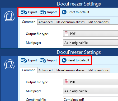 Import, export, reset Settings