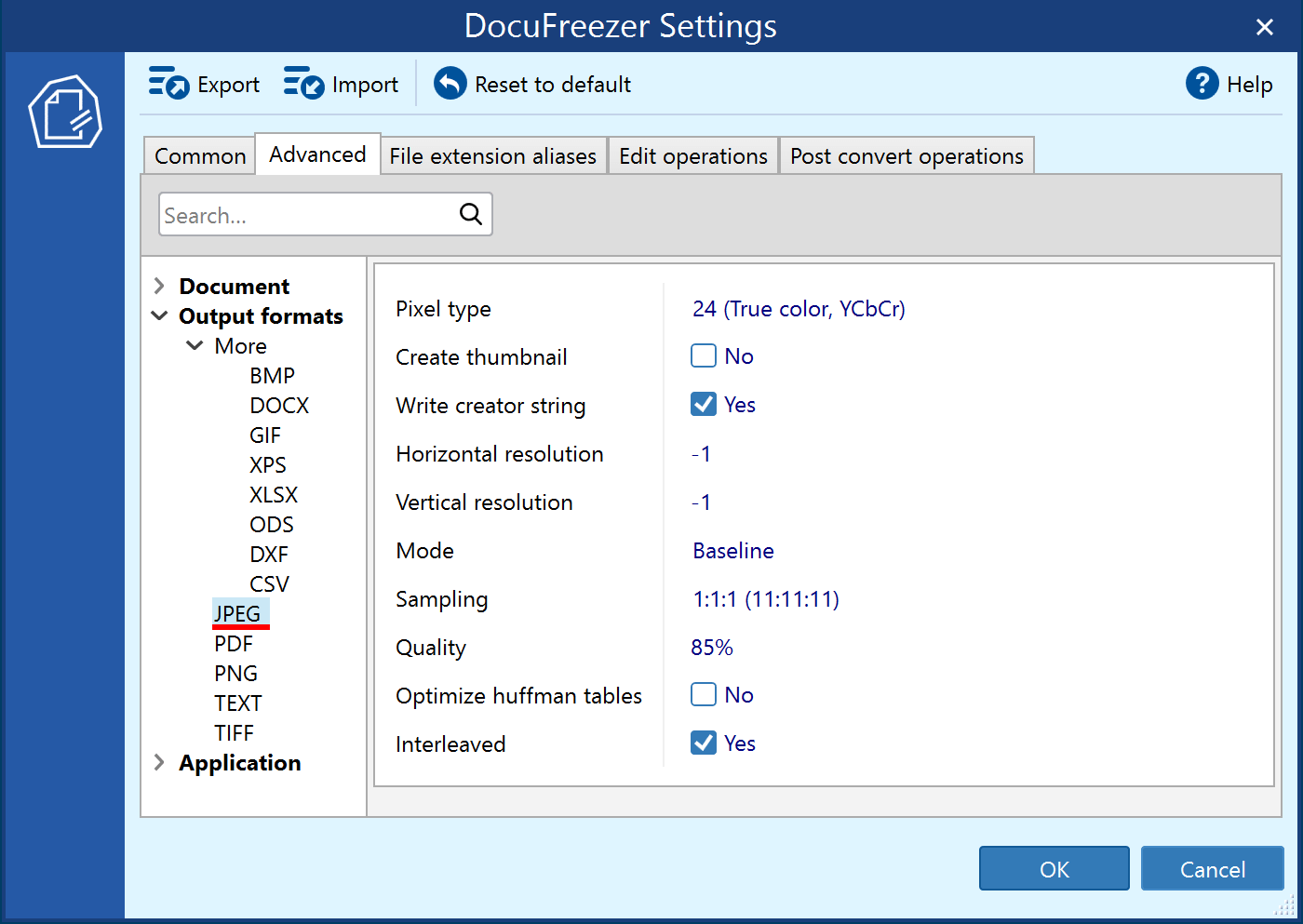 JPEG advanced settings JPEG advanced settings