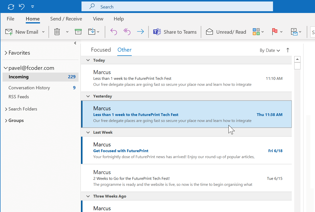 Open Outlook and select an email that you wish to save