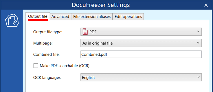 Output file settings in DocuFreezer
