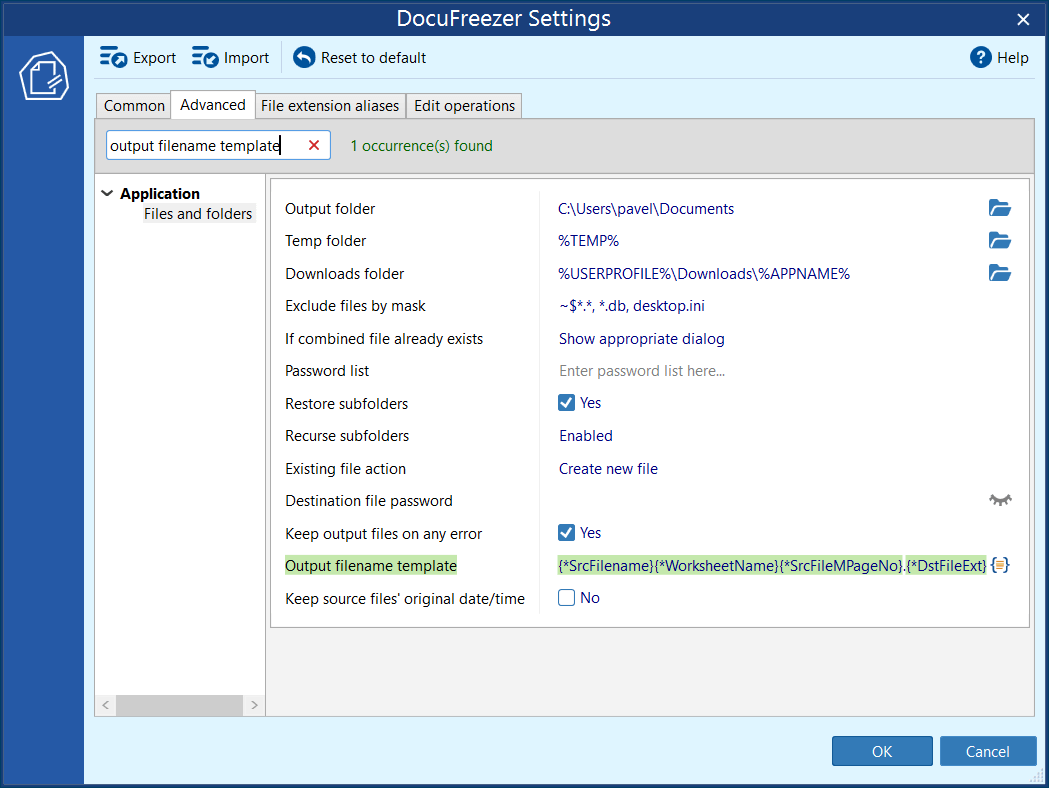 Output filename template in DocuFreezer Output filename template in DocuFreezer