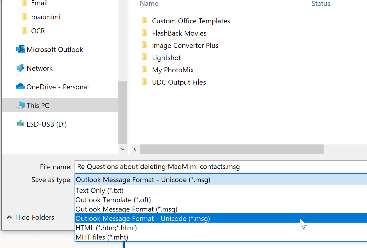 Save as Outlook email as MSG / HTML / MHT / TXT
