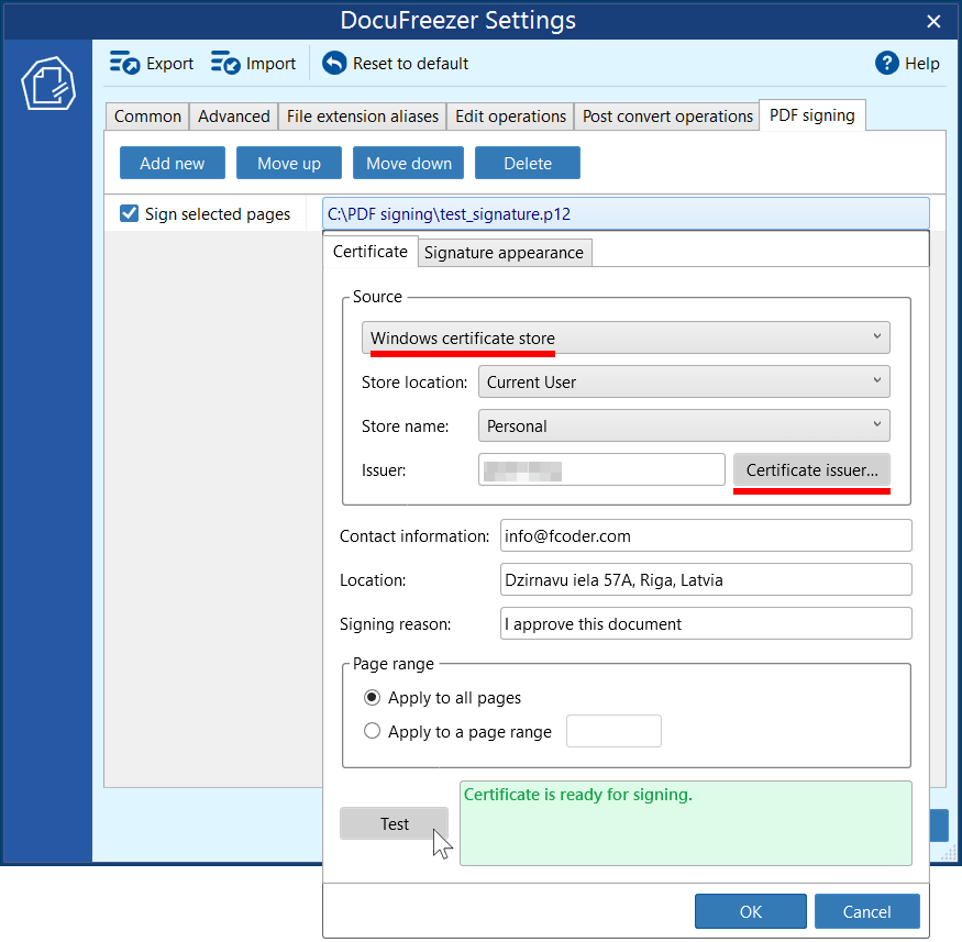 Select the certificate store, then choose the certificate to use for signing Select the certificate store, then choose the certificate to use for signing