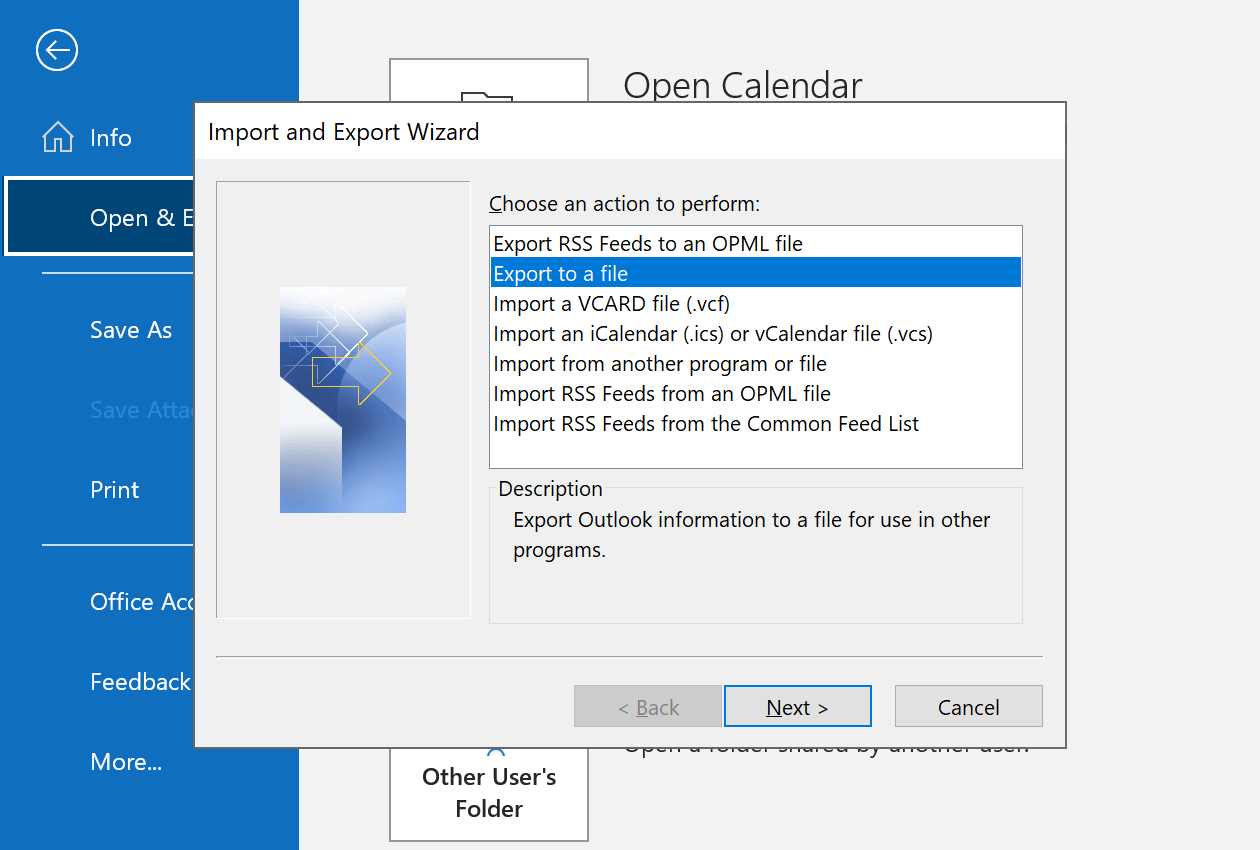 Select the Export to a file option