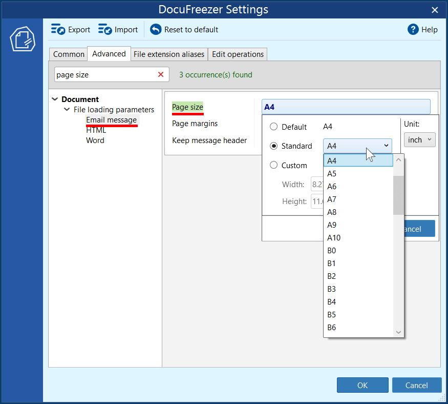 Set output paper size for Outlook MSG and EML files