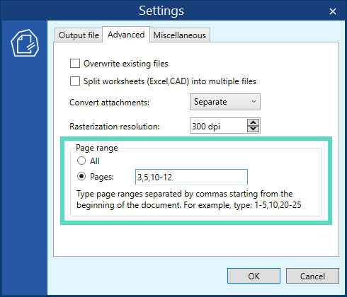 Select a page range before batch conversion