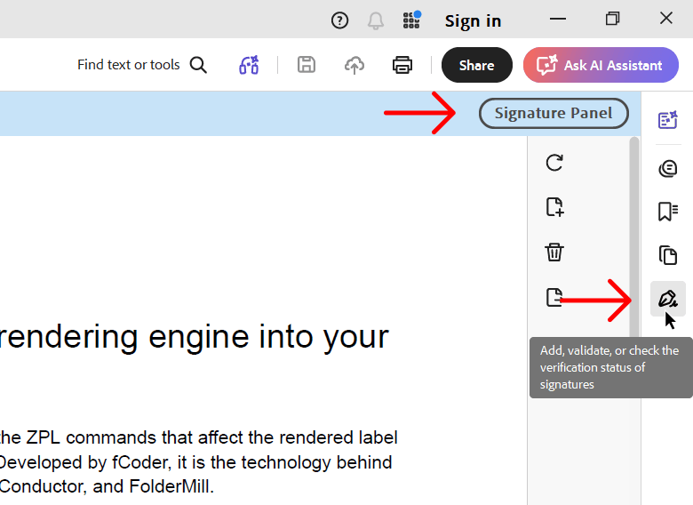 Check the signed output PDF using Signature Panel in Adobe Acrobat Pro